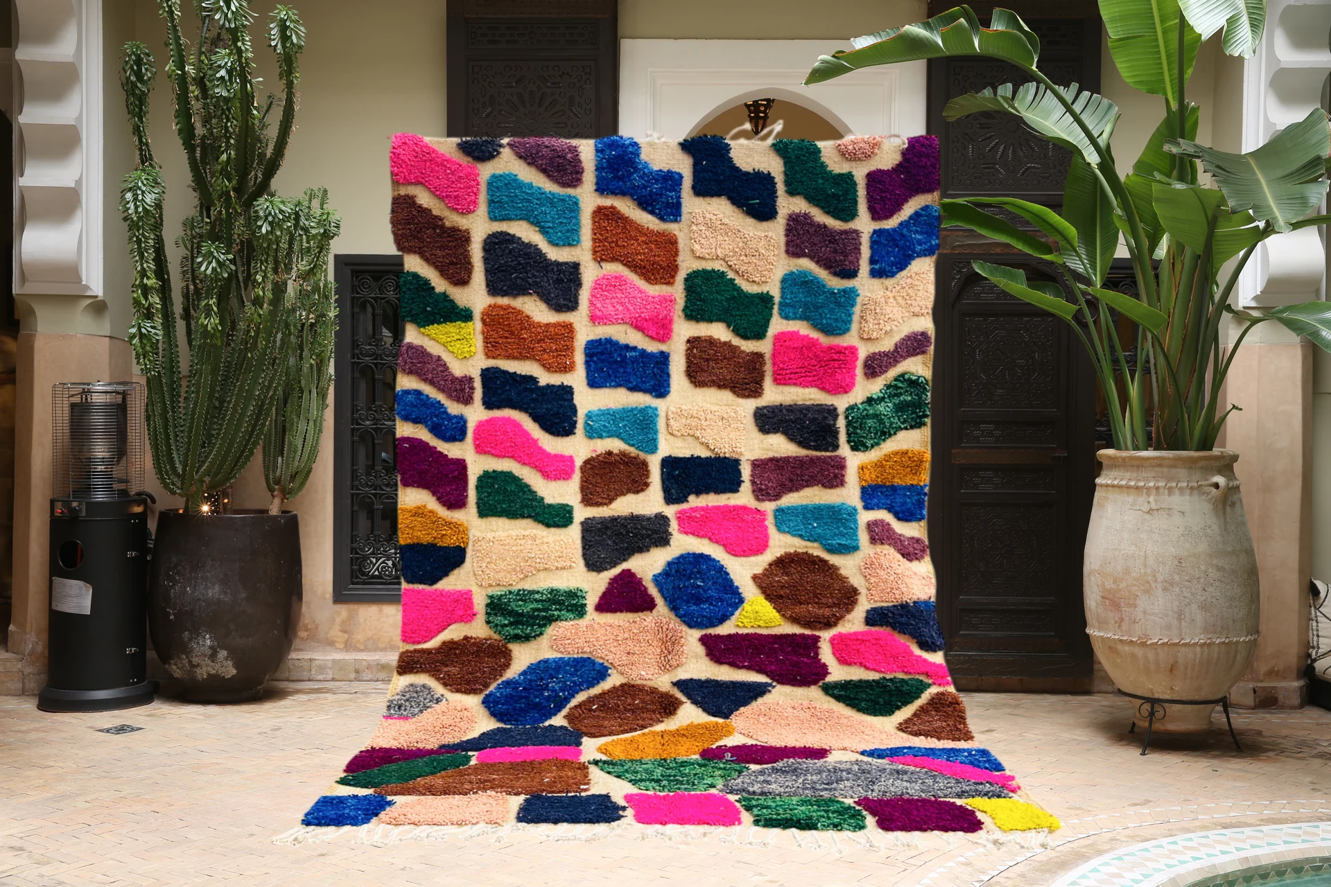 Boucherouite Moroccan rug &mdash; recycled fabric, vivid multicolor