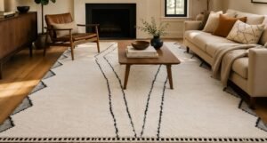 Authentic hand-knotted berber rug styled in a modern American living room — warm neutral tones, mid-century furniture, Craftura moroccan rug
