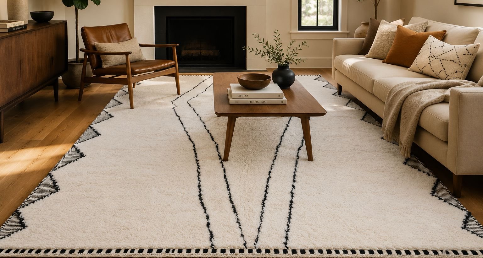 Authentic hand-knotted berber rug styled in a modern American living room — warm neutral tones, mid-century furniture, Craftura moroccan rug