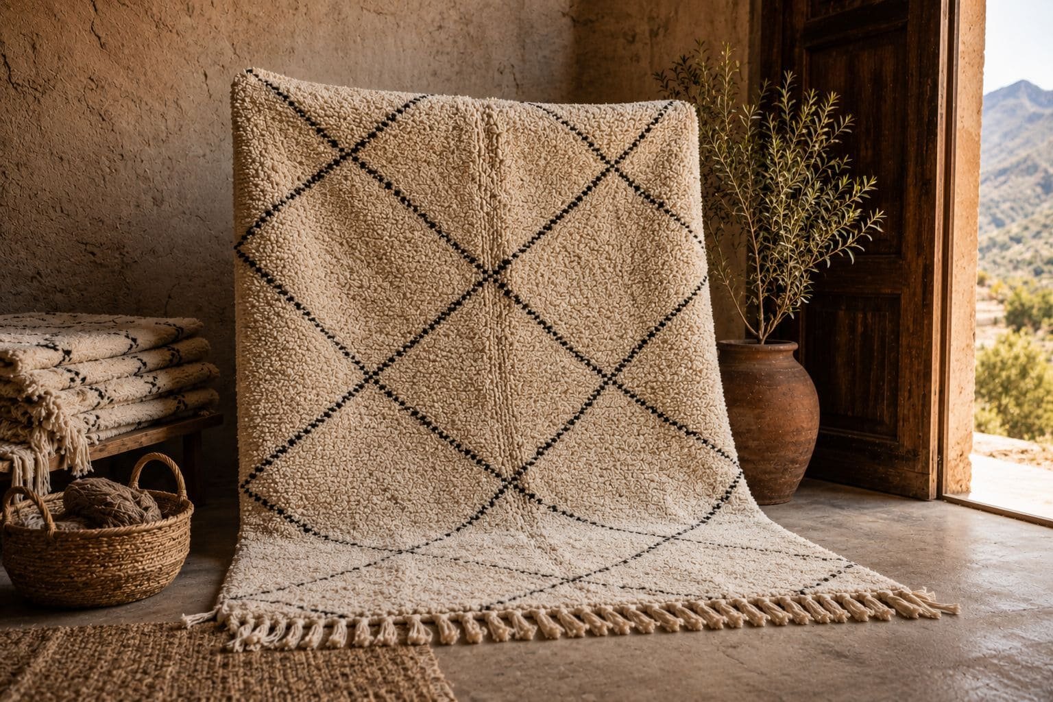 Beni Ourain Moroccan rug &mdash; plush ivory wool with diamond motifs