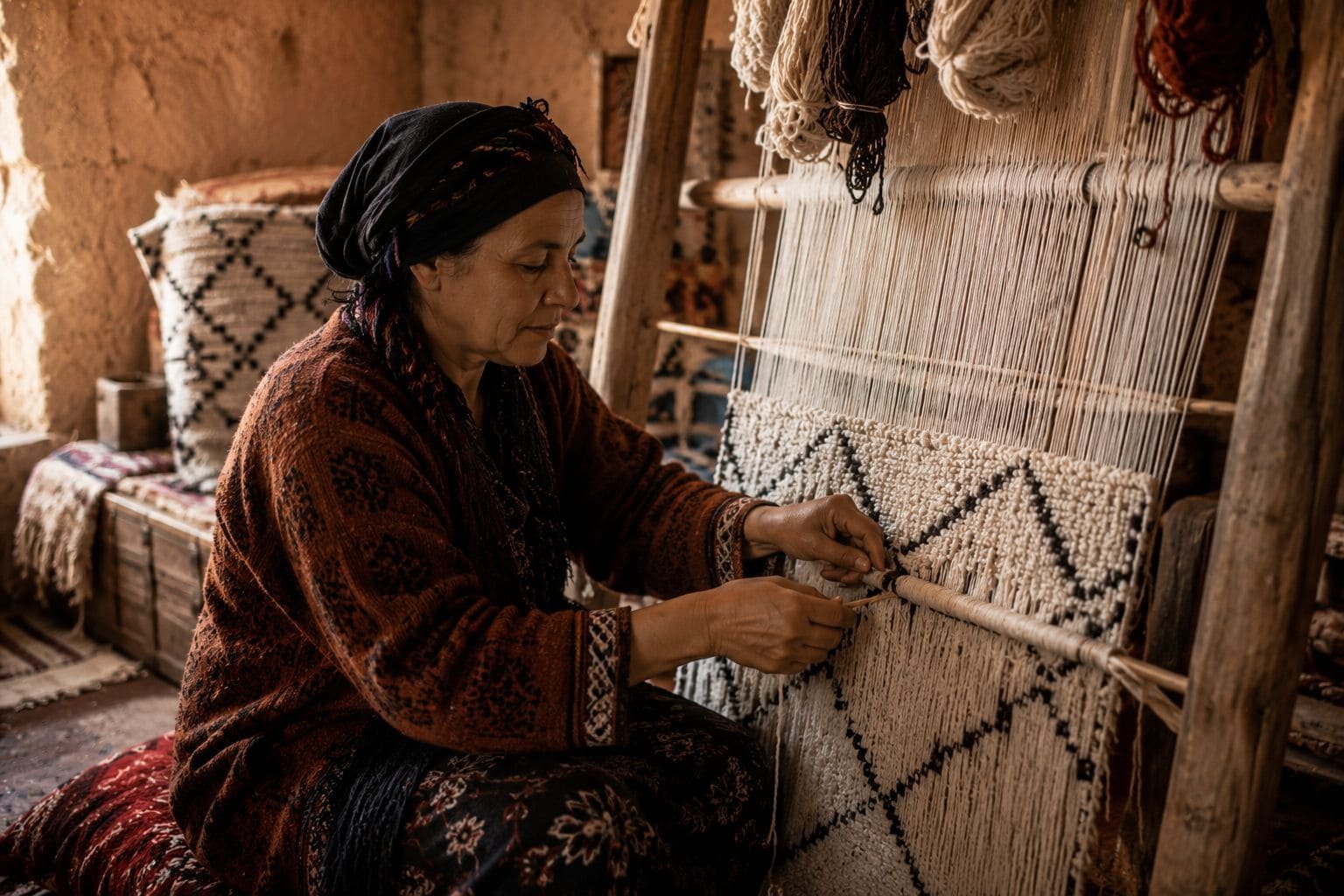 Berber weaver knotting a rug by hand at her loom in the High Atlas, Morocco