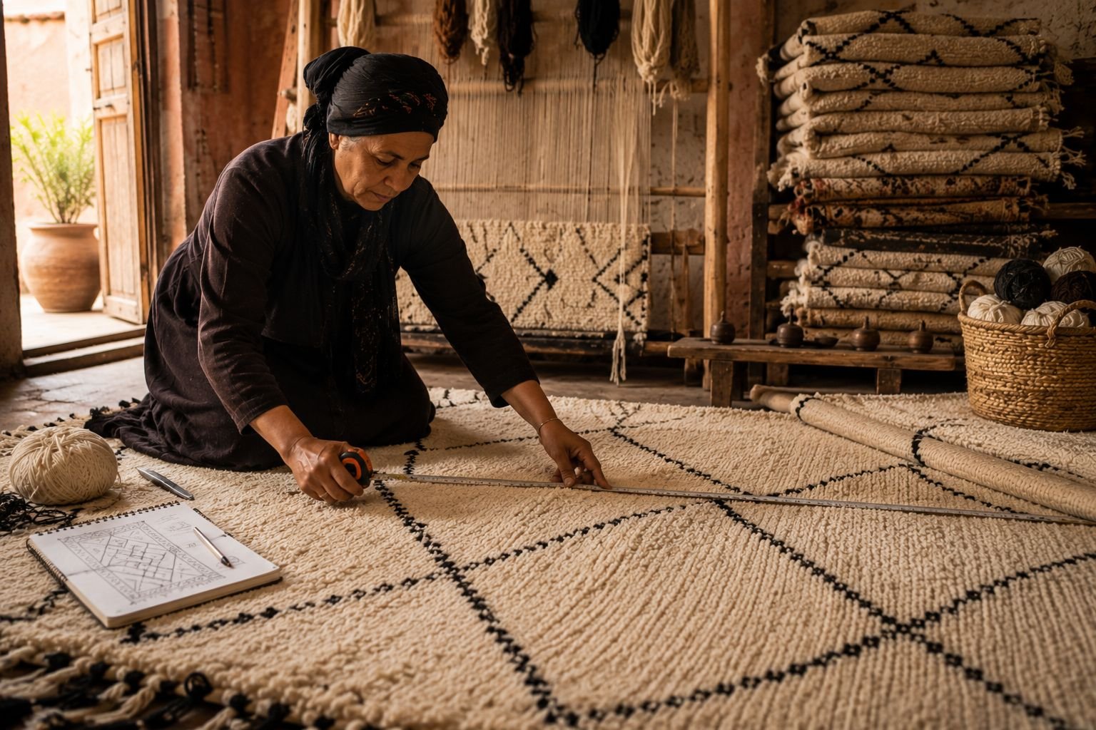 Custom Moroccan rug being hand-knotted to a client&rsquo;s size and palette