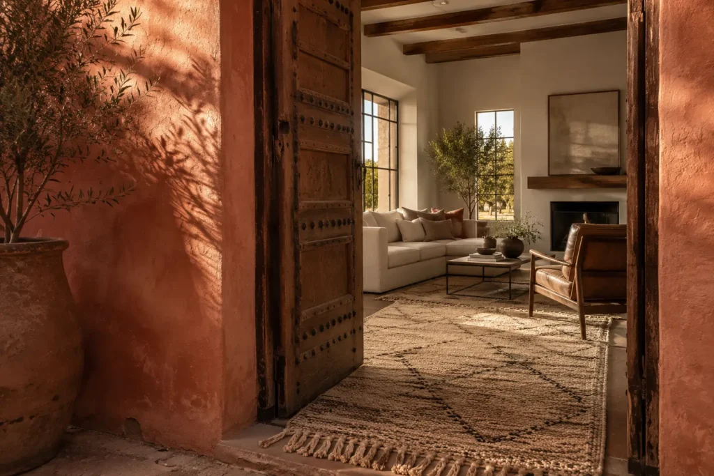 View through a carved Moroccan doorway into a sunlit US living room with a Beni Ourain rug