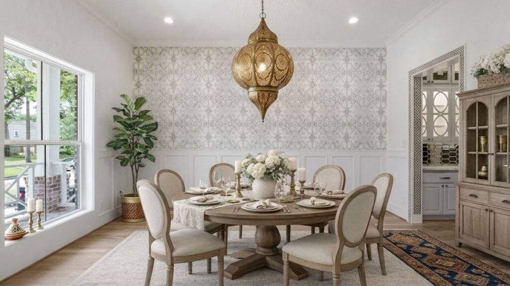 Handmade Moroccan brass pendant light glowing warmly above a dining table at dusk