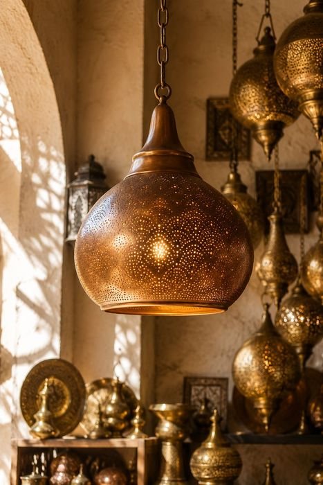 Moroccan artisan hand-hammering a copper pendant lamp in a Marrakech metal workshop