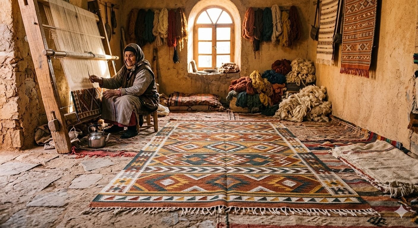 Moroccan kilim rug &mdash; flat-woven with bold graphic color